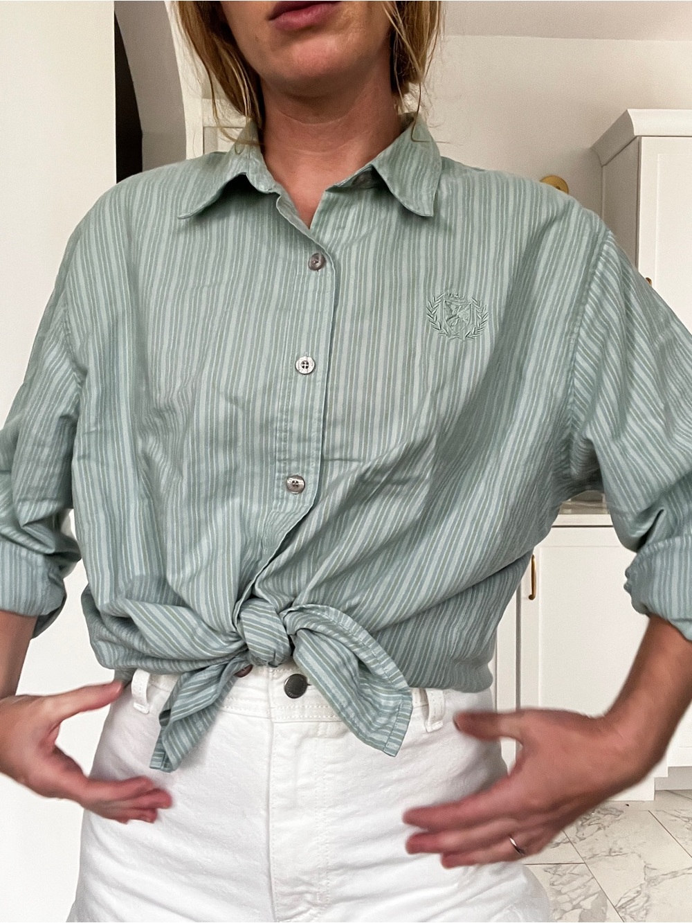 Vintage mint Green Striped Button Down Shirt embroidered emblem - Picture 4 of 9